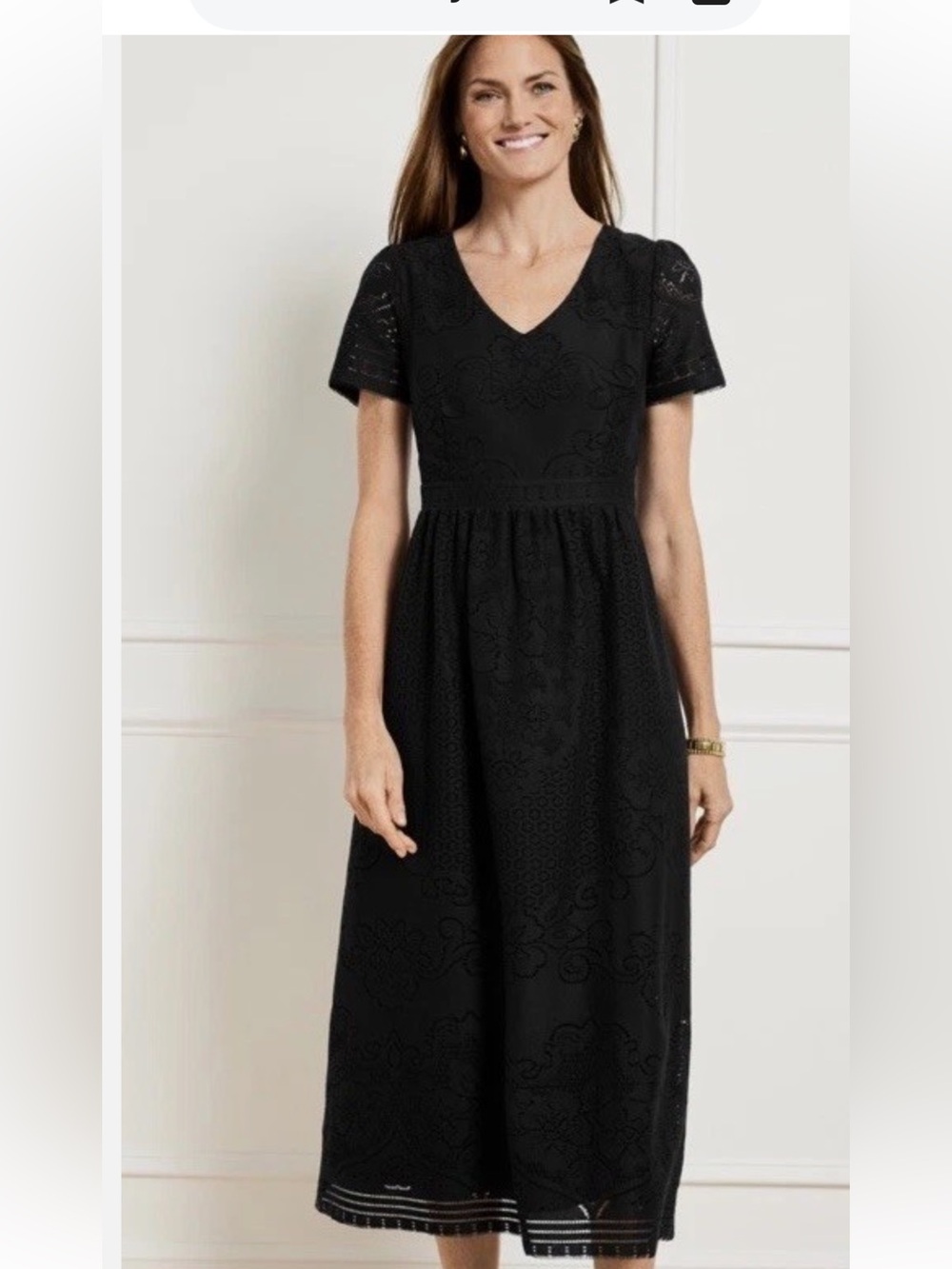 Talbots Black V-Neck Lace Short Sleeve Midi Dress NWT
